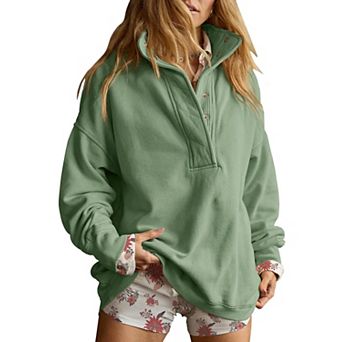 Women Oversized Henley Pullover Quilted Placket Top