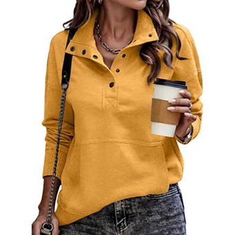 Women's Stand Neck Drawstring Pullover Top Long Sleeve