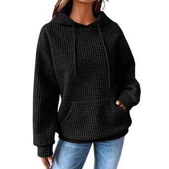 Women Waffle Hoodie Pullover Drawstring Loose Oversized Pocket Casual Fall Top