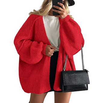 Womens Oversized Chunky Knit Cardigan Lantern Sleeve