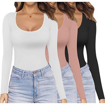3 Pack Women Long Sleeve Scoop Neck Fitted Thermal Tee
