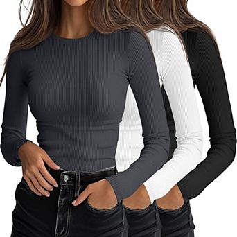3 Pack Women's Ribbed Long Sleeve Slim Fit Crew Neck Knit Tops