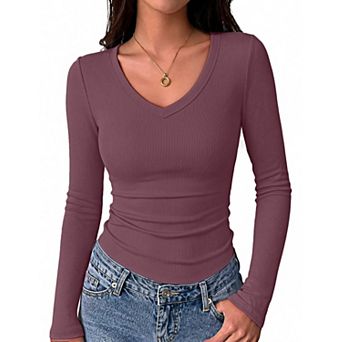 Women V Neck Ribbed Slim Fit Long Sleeve Tee
