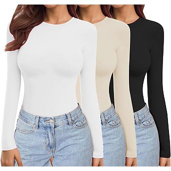 3 Pack Womens Long Sleeve Thermal Underscrubs Stretch Fitted Base Layer Tees