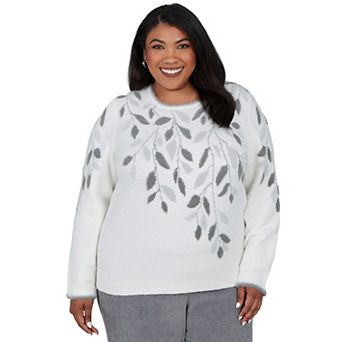 Plus Size Alfred Dunner Falling Winter Leaves Embroidered Crewneck Sweater