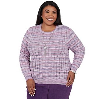 Plus Size Alfred Dunner Vail Space Dye Ribbed Sweater with Necklace