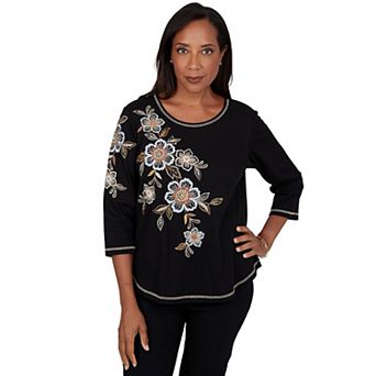 Petite Alfred Dunner Cityscape Asymmetrical Floral Embroidered 3/4-Sleeve Top