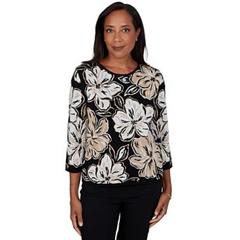 Petite Alfred Dunner Cityscape Drama Intarsia Floral 3/4-Sleeve Sweater