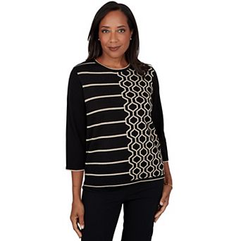Petite Alfred Dunner Cityscape Geo Lines Colorblock 3/4-Sleeve Crewneck Sweater