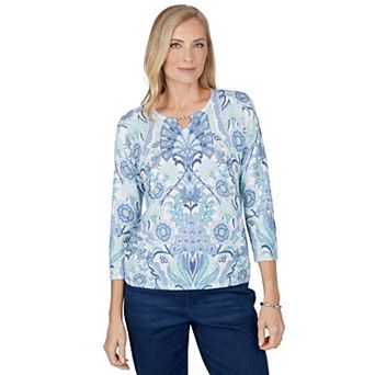 Petite Alfred Dunner Ann Arbor Medallion Print Beaded Neck 3/4-Sleeve Sweater
