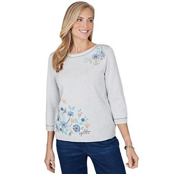 Petite Alfred Dunner Floral Embroidered 3/4-Sleeve Front & Back Sweater