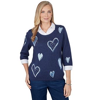 Women's Alfred Dunner Heart Print Collared Two-in-One Sweater