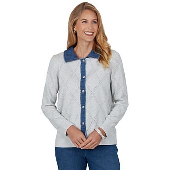 Women's Alfred Dunner Ann Arbor Denim Trim Button Front Diamond Pattern Cardigan Sweater