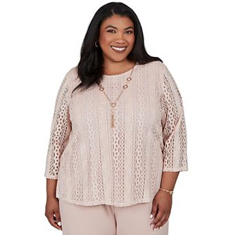 Plus Size Alfred Dunner Luxe Be A Lady Crochet Lace Knit Top with Necklace