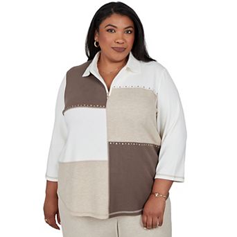 Plus Size Alfred Dunner Colorblock Ribbed Zip Collar Sweater