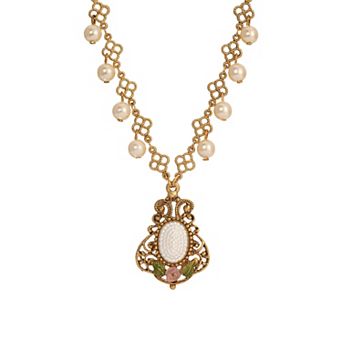 1928 Gold Tone Faux Pearl Rose Enamel Bib Necklace