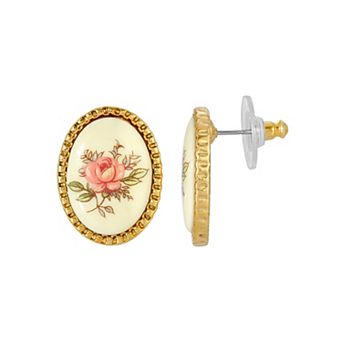 1928 Gold Tone Floral Decal Oval Stud Earrings