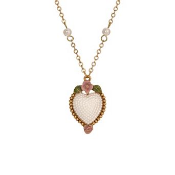 1928 Gold Tone Faux Pearl Heart Rose Enamel Pendant Necklace