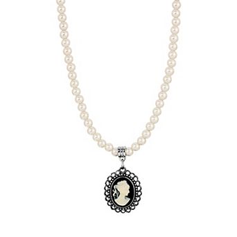 1928 Silver Tone Faux Pearl & Oval Cameo Drop Necklace