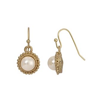 1928 Gold Tone Faux Pearl Drop Earrings