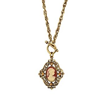 1928 Gold Tone Faux Carnelian Cameo Toggle Necklace