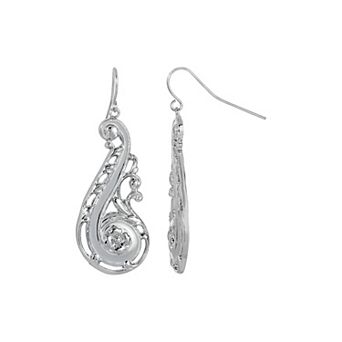 1928 Silver Tone Scroll Drop Earrings