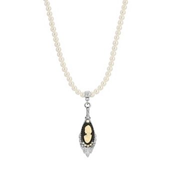 1928 Silver Tone Black & White Cameo Faux Pearl Bead Chain Necklace