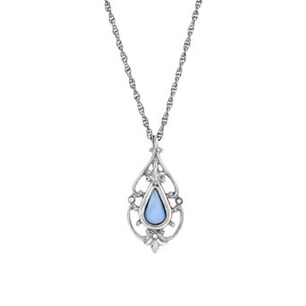 1928 Silver Tone Filigree & Imitation Blue Moonstone Teardrop Necklace