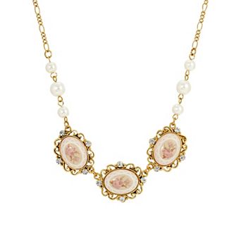 1928 Gold Tone Oval Faux Pearl & Crystal Flower Collar Necklace
