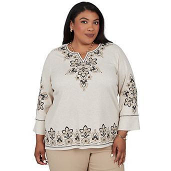 Plus Size Alfred Dunner Cityscape Border Embroidered Split Neck 3/4-Sleeve Knit Top