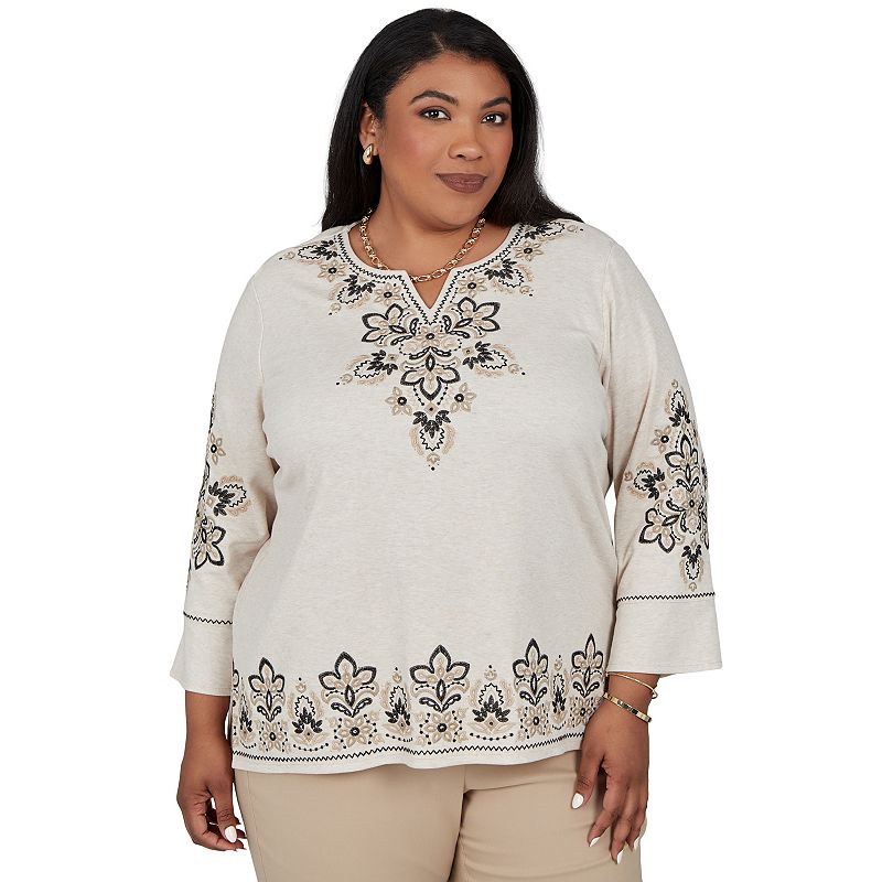 Plus Size Alfred Dunner Cityscape Border Embroidered Split Neck 3/4-Sleeve Knit Top, Women's, Size: 2XL