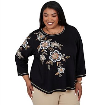Plus Size Alfred Dunner Cityscape Asymmetrical Floral Embroidered 3/4 Sleeve Round Neck Top