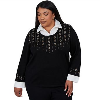 Plus Size Alfred Dunner 2-in-1 Embellished Collared Sweater