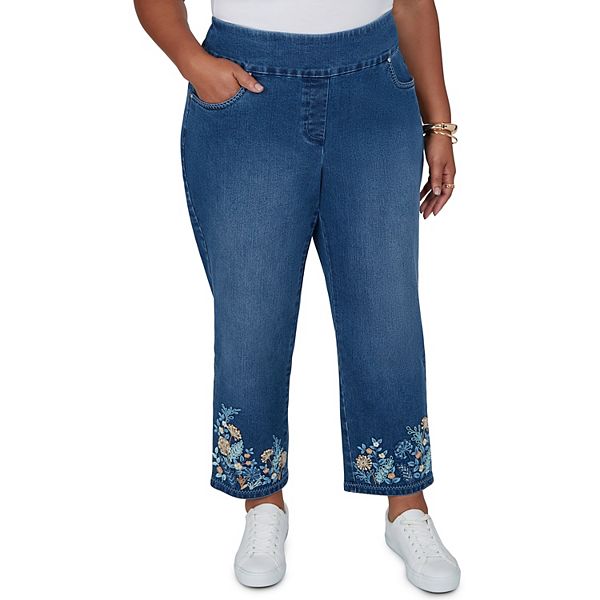 Plus Size Alfred Dunner Ann Arbor Pull-On Botanical Embroidered Ankle Jeans
