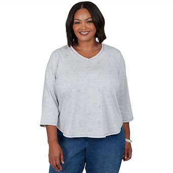 Plus Size Alfred Dunner Ann Arbor Scattered Heat Set V-Neck 3/4-Length Sleeve Knit Top