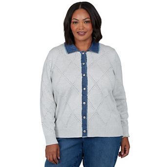 Plus Size Alfred Dunner Ann Arbor Denim Trim Embellished Cardigan Sweater