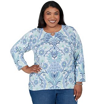 Plus Size Alfred Dunner Ann Arbor Medallion Print Beaded Neck Sweater