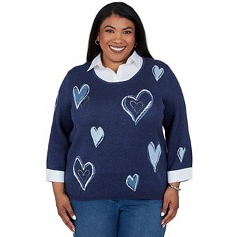 Plus Size Alfred Dunner Heart Print Collared 2-in-1 Sweater