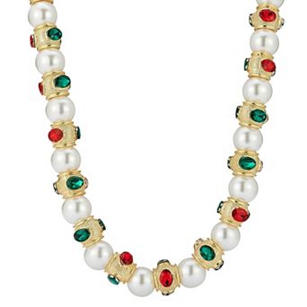 WINX Gold-Tone Alloy Oval Cubic Zirconia & Simulated Pearl Bead Necklace