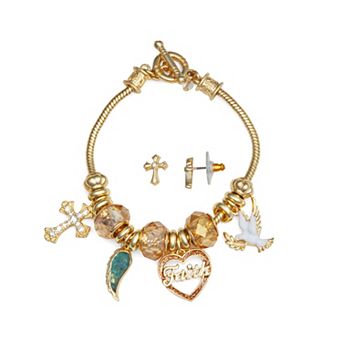 Napier Gold Tone Elevated Faith Charm Bracelet & Earrings Set