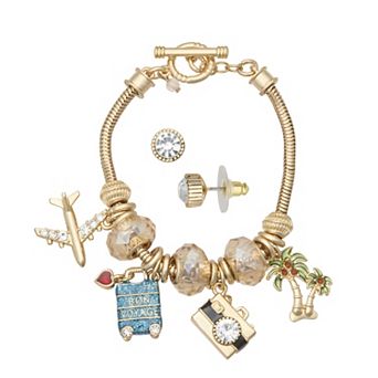 Napier Gold Tone Elevated Travel Charm Bracelet & Earring Set