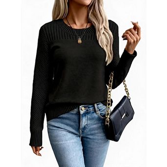 XuBa Casual Long Sleeve Knit Sweater for Women Hollow Sleeve Crew Neck Top