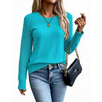 XuBa Casual Long Sleeve Knit Sweater for Women Hollow Sleeve Crew Neck Top