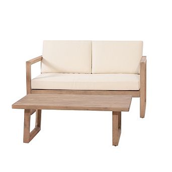 Outdoor Loveseat Set Acacia Wood Patio Furniture 51.25 in W with Coffee Table and Cushions