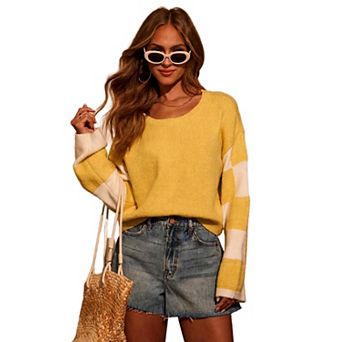XuBa Women Color Block Striped Sweater Long Sleeve Knit Pullover