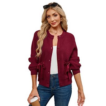 XuBa Fall Winter Bow Pocket Knit Cardigan Crew Neck Long Sleeve Sweater for Women