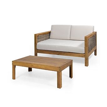 Outdoor Loveseat Set Acacia Wood Patio Coffee Table 51.50 in Wicker Accent