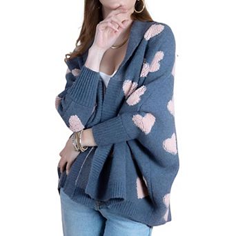 Women Shawl Collar Heart Pattern Cardigan Long Sleeve Open Front Knit Coat
