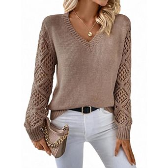 Women's V Neck Hollow Out Long Sleeve Pullover Knit Sweater