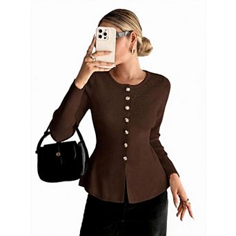 XuBa Slim Fit Peplum Knit Sweater for Women Round Neck Button Long Sleeve Top